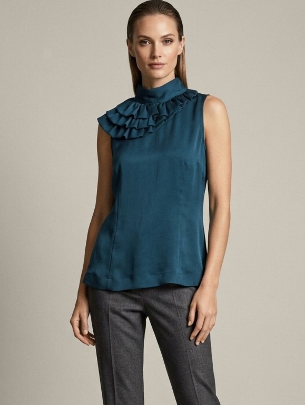 Esprit Teal Asymmetric Ruffle Neck Sleeveless Blouse